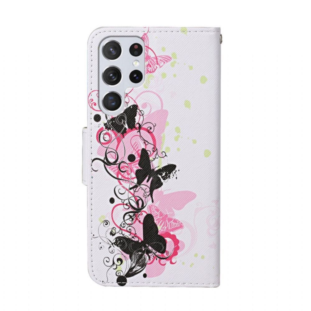 Flip Case Für Samsung Galaxy S22 Ultra 5G Schmetterlinge Und Lanyard