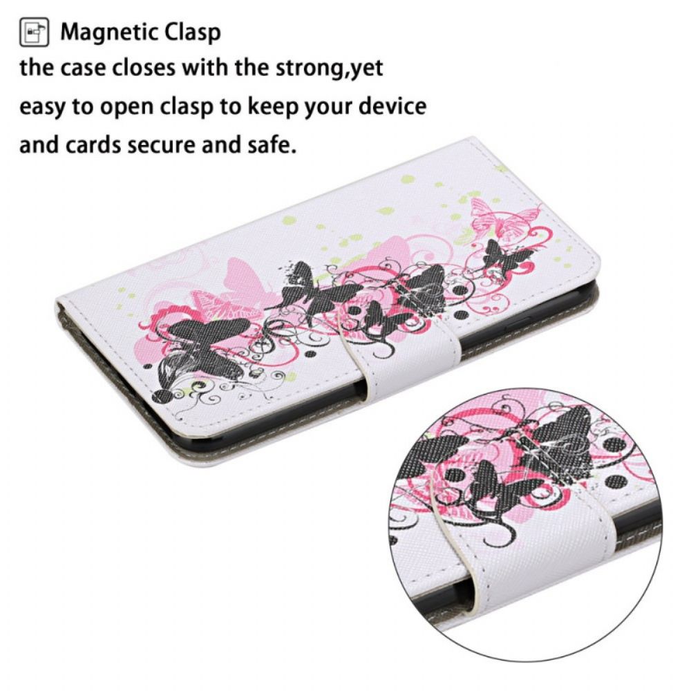Flip Case Für Samsung Galaxy S22 Ultra 5G Schmetterlinge Und Lanyard