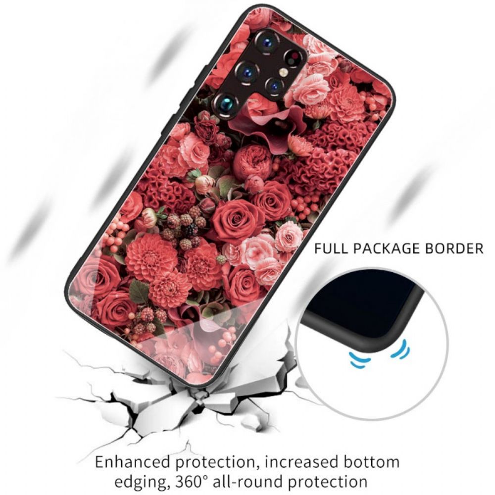 Hülle Für Samsung Galaxy S22 Ultra 5G Rosa Blumen Aus Gehärtetem Glas