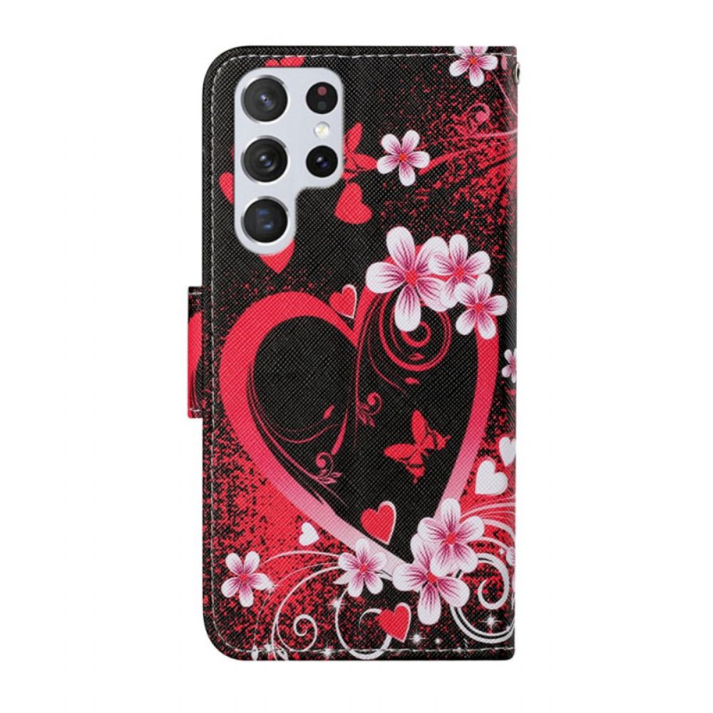 Lederhüllen Für Samsung Galaxy S22 Ultra 5G Blumen Und Herzen Mit Lanyard