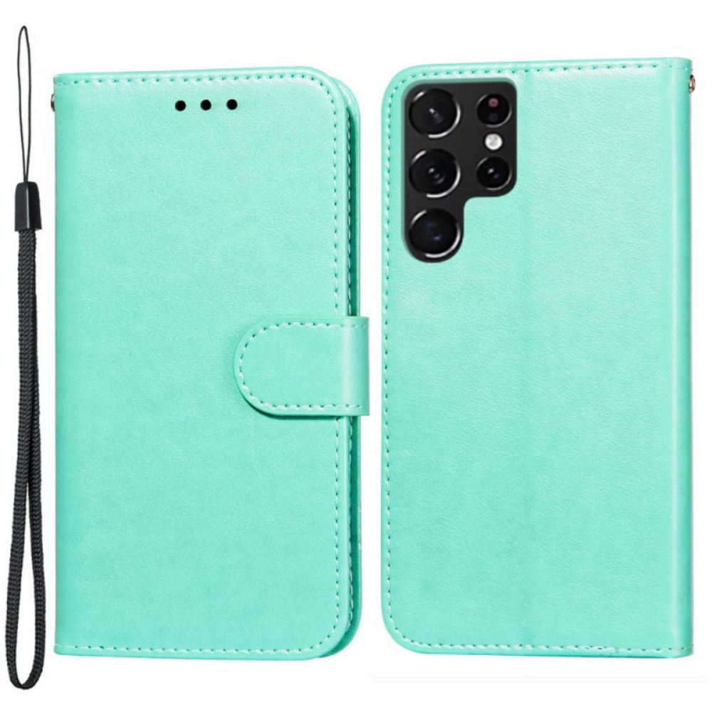 Lederhüllen Für Samsung Galaxy S22 Ultra 5G Mit Kordel Einfarbiger Riemen