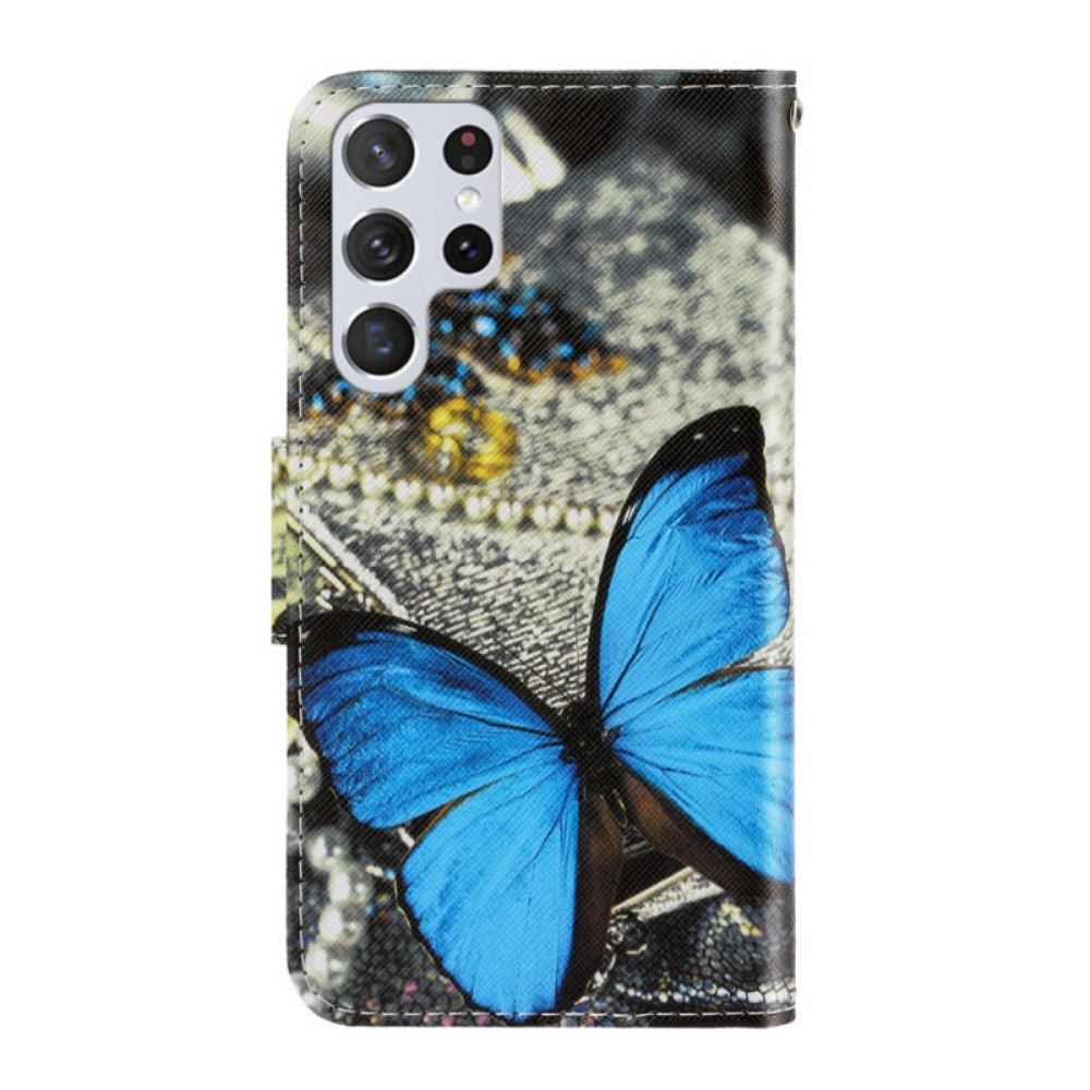 Lederhüllen Für Samsung Galaxy S22 Ultra 5G Mit Kordel Schmetterlingsbandvariationen