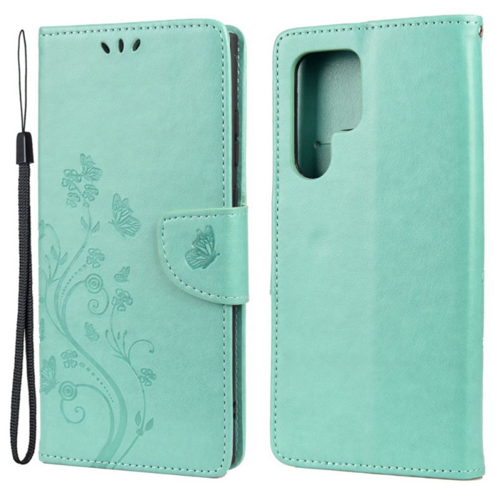 Lederhüllen Für Samsung Galaxy S22 Ultra 5G Schmetterlinge Und Blumen Mit Lanyard