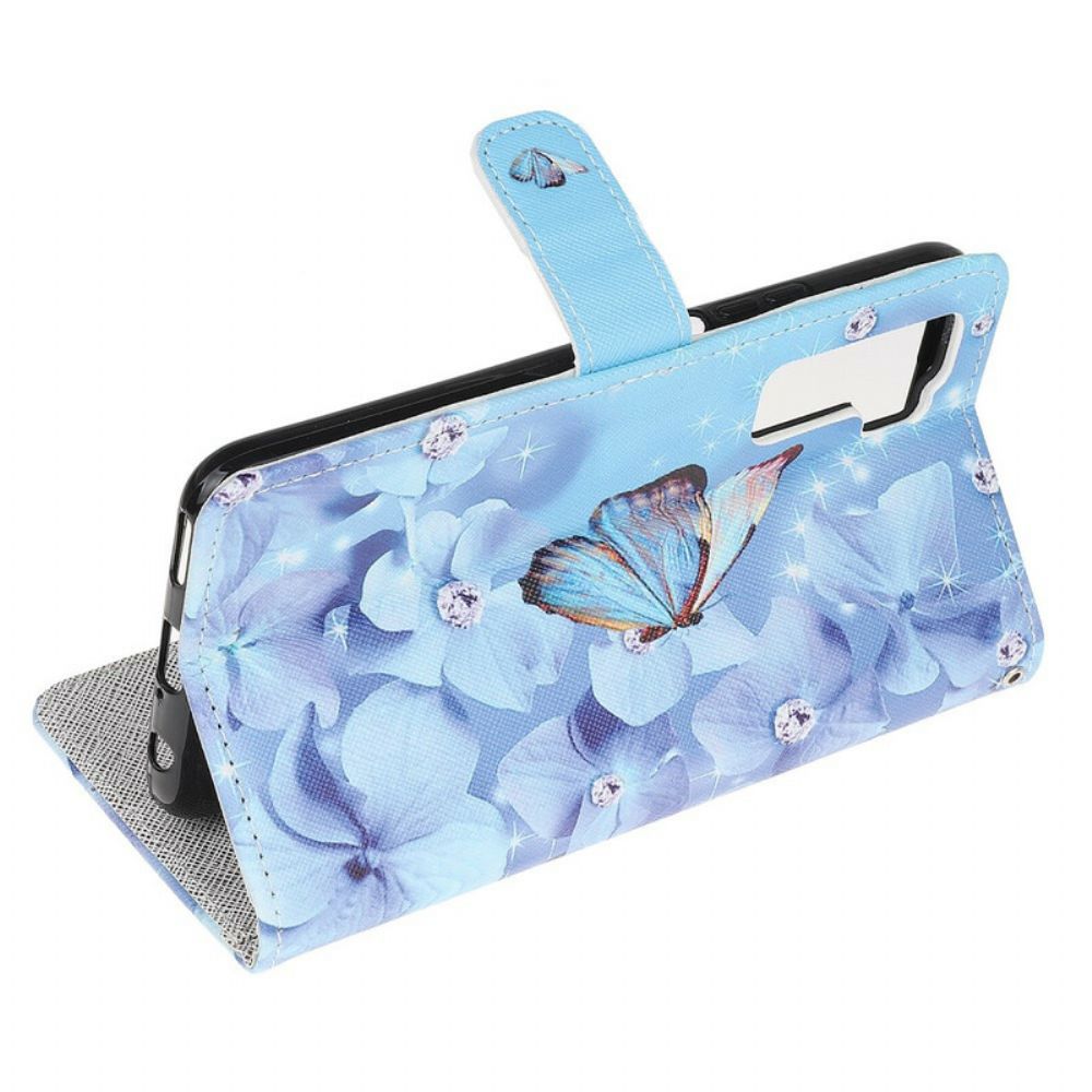 Flip Case Für Huawei P40 Lite 5G Mit Kordel Schmetterlinge Mit Diamantband