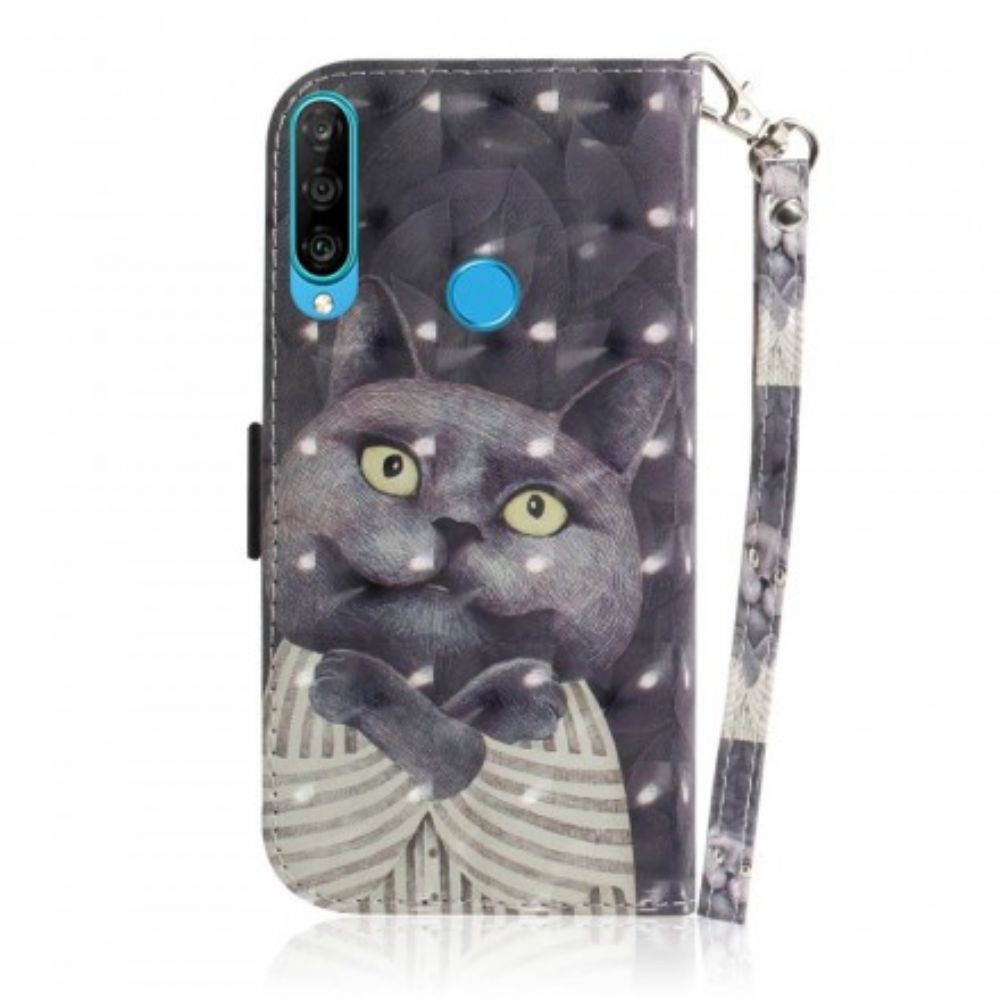 Flip Case Für Huawei P30 Lite Mit Kordel Graue Riemchenkatze