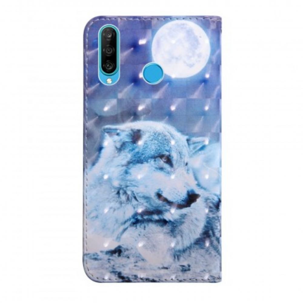 Flip Case Für Huawei P30 Lite Mondbeleuchteter Wolf