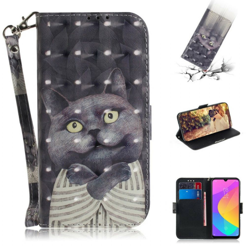 Flip Case Für Xiaomi Mi A3 Mit Kordel Graue Riemchenkatze