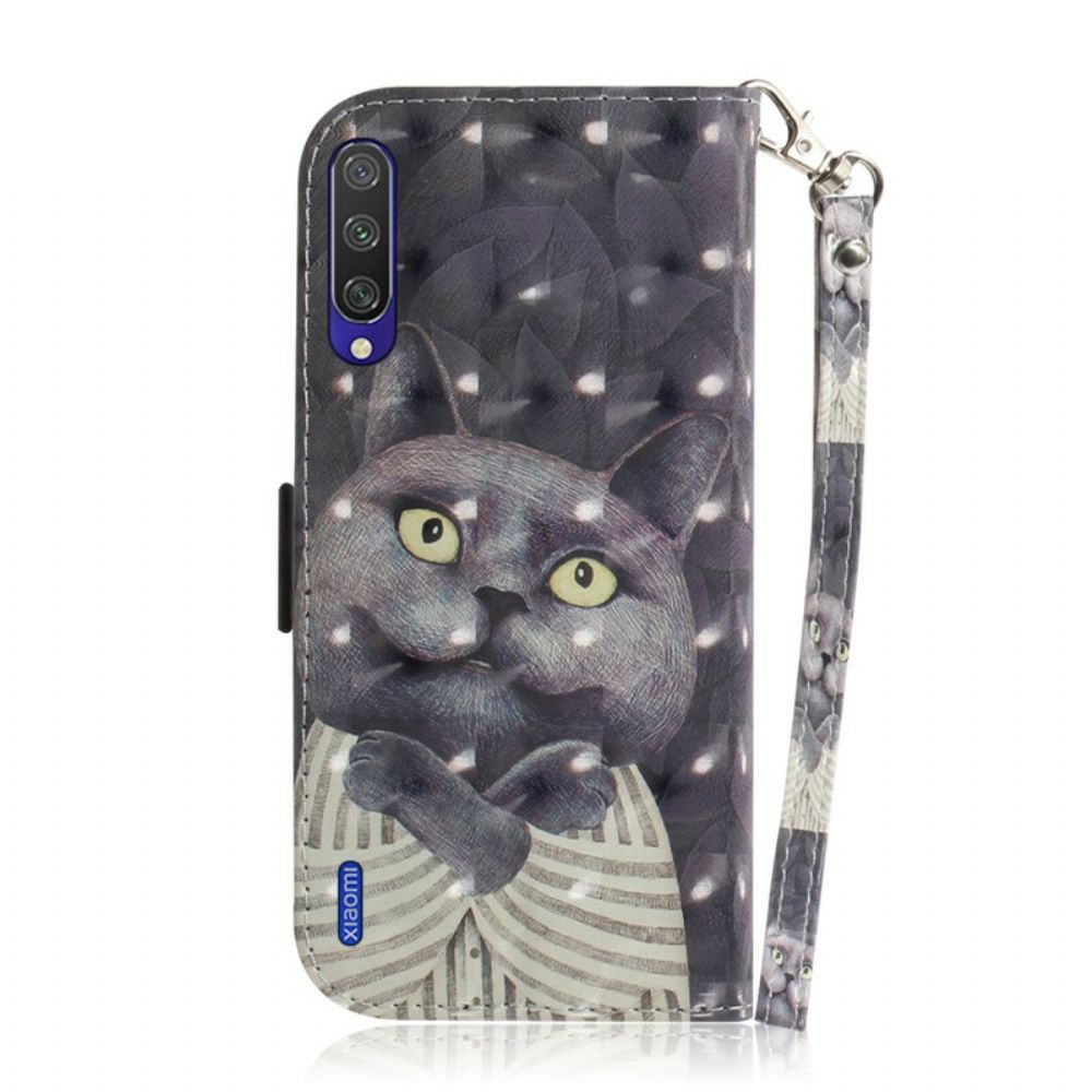 Flip Case Für Xiaomi Mi A3 Mit Kordel Graue Riemchenkatze