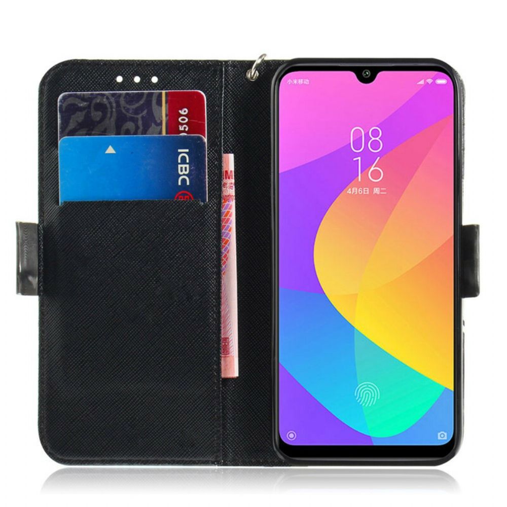 Flip Case Für Xiaomi Mi A3 Mit Kordel Graue Riemchenkatze