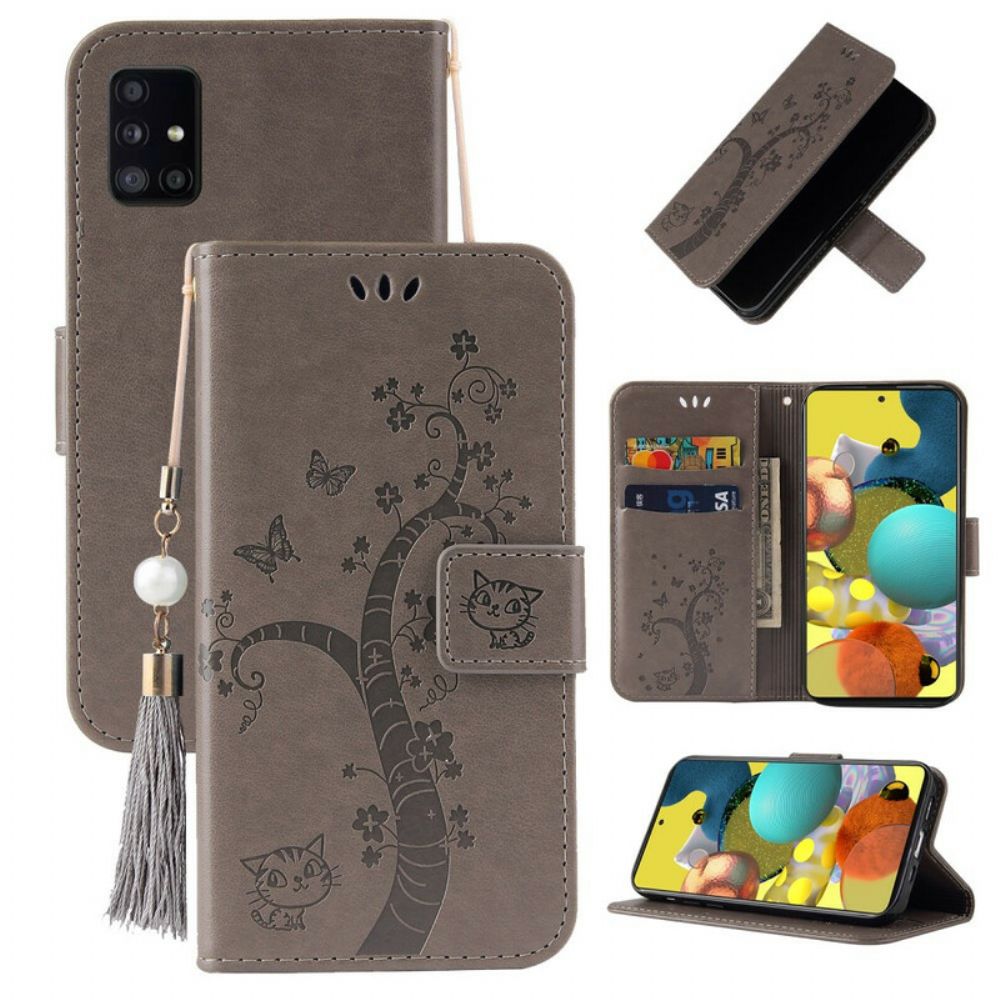 Flip Case Für Samsung Galaxy A51 Mit Kordel Baum Und Katze Mit Perle Am Riemen
